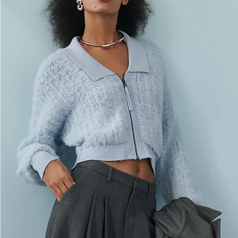 ANTHROPOLOGIE Fuzzy Zip-Up Brushed Collared Cardigan